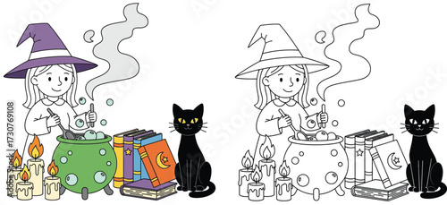 Cute Cartoon Witch Brewing Potion with Black Cat and Spellbooks