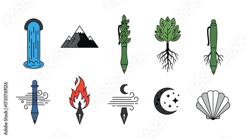 Nature-Inspired Pen Designs: A collection of stylized pens, each embodying a unique element of nature, from cascading waterfalls to the radiant glow of fire, all presented with crisp, artistic detail.