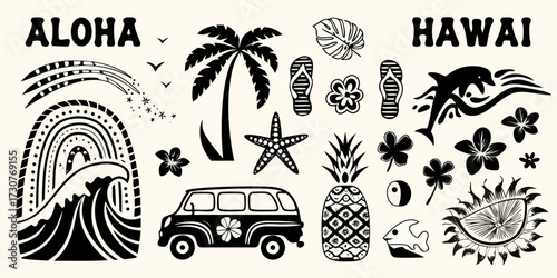 Collection of hawaiian aloha and hawaii themed black and white graphic elements and icons