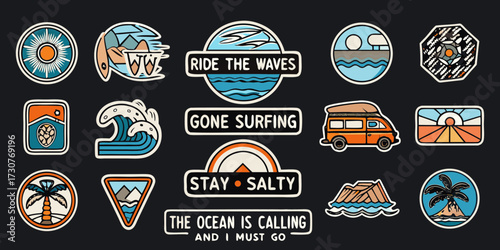 Collection of surf and ocean themed stickers with inspirational quotes and retro design elements