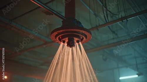 Fire sprinkler releasing water from a ceiling sprinkler head in an industrial setting.