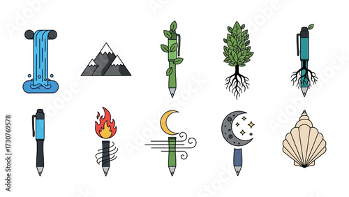 Creative Pens Collection: A series of artistically rendered pens, each symbolizing a different element of nature, from cascading waterfall to majestic mountains, and the tranquility of a serene night.