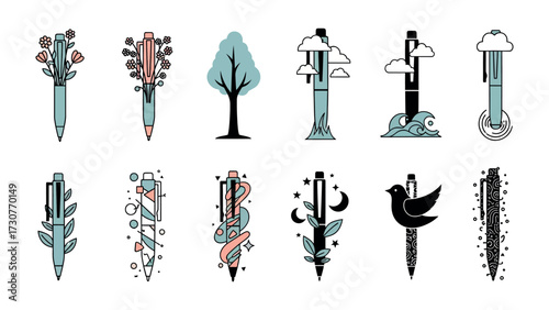 Artistic Pen Collection: An array of stylish pens showcases a unique blend of functionality and creative design, evoking themes of nature, imagination, and artistry.