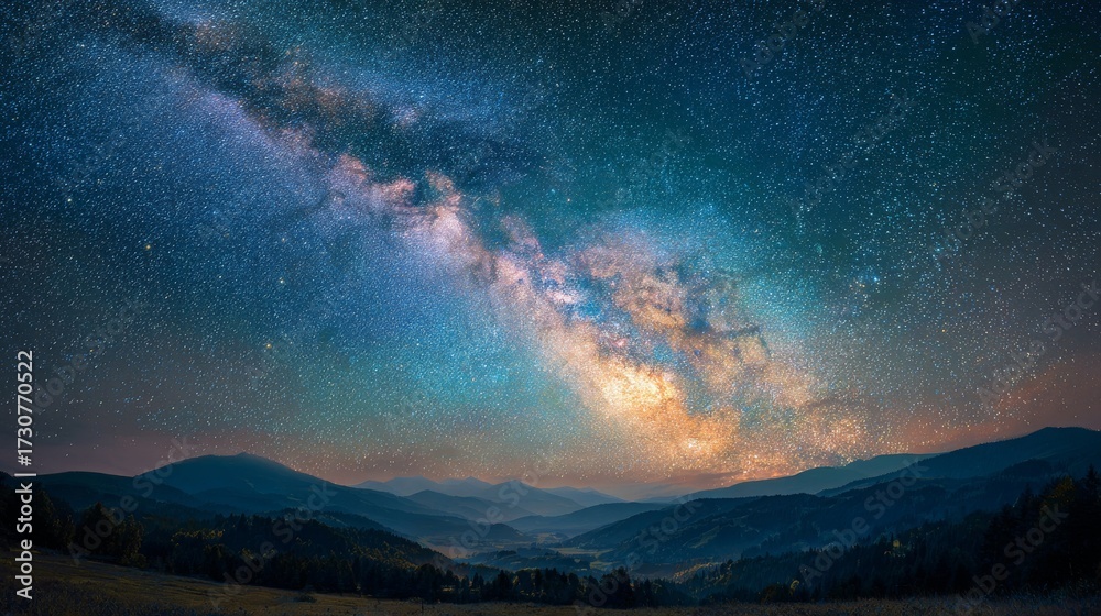 Naklejka premium Panorama of the night starry sky on the background of the Milky Way with many colorful shining stars