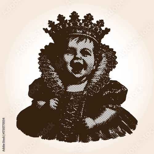 Vintage pop art illustration of a baby queen wearing a crown. Halftone retro graphic of a royal infant in an elaborate dress with an exaggerated happy smile.
