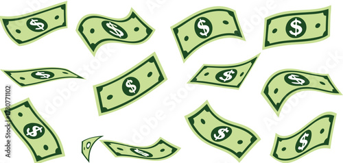 Falling dollar banknotes icon, money rain isolated on white background. money business concept, American dollar falling set. USD paper notes flying in the air. 