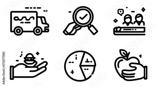 Business, food delivery, quality control, education, and data analysis line icons set. Marketing, analytics, and healthy eating concepts.