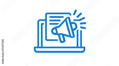 Digital marketing concept vector icon. Laptop with content document and megaphone for online promotion, announcement, and communication.