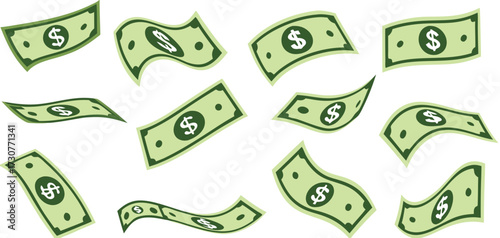 Falling dollar banknotes icon, money rain isolated on white background. money business concept, American dollar falling set. USD paper notes flying in the air. 