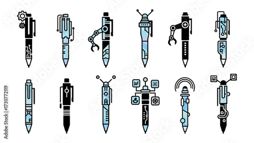 Techno-Pens Illustration: A striking illustration showcasing a collection of futuristic techno-pens, each designed with innovative technology.