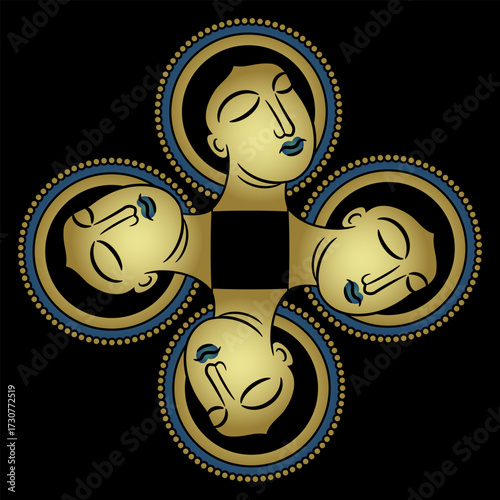 Geometrical cross shape design with four heads of a Christian saints in nimbuses. Medieval religious design.