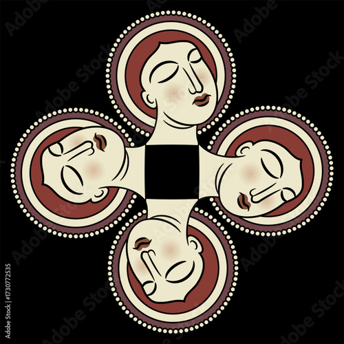 Geometrical cross shape design with four heads of a Christian saints in nimbuses. Medieval religious design.