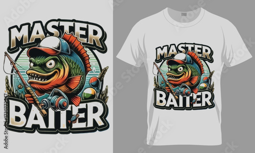 Master Baiter T-Shirt Design Vector - Funny Cartoon Fish Angler Illustration