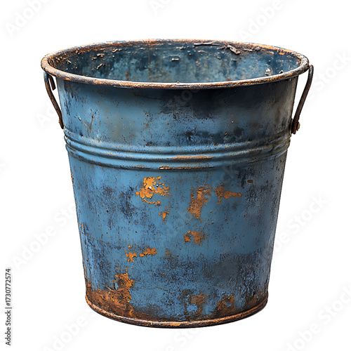 Old blue metal bucket with peeling paint on transparent background
