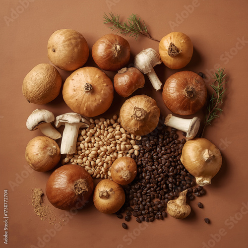 Fresh brown vegetables including earthy brown potatoes, caramelized golden onions