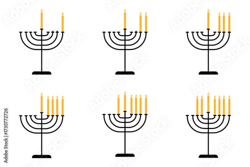 Vector illustration of six different menorah candle holders with burning yellow candles, representing the Jewish Hanukkah holiday. Perfect for religious celebrations, culture, and seasonal graphics