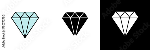 Vector illustration of a diamond gem icon shown in three versions: light blue crystal style, black silhouette, and white negative version on black background. Ideal for jewelry, luxury, wealth
