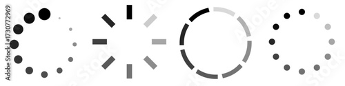 Minimalist vector icon collection featuring four styles of loading or spinner symbols in circular shapes, ideal for web and mobile interface design