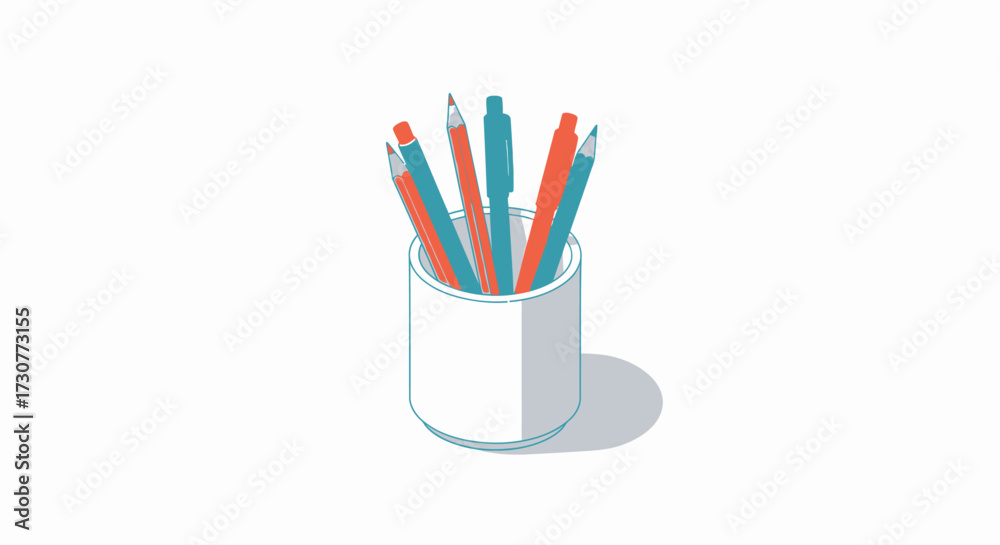 Fototapeta premium Illustration of a white pencil holder filled with pens and pencils.