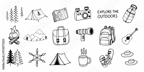 Collection of hand drawn doodle icons representing outdoor adventure and camping activities