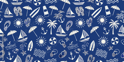 Seamless summer vacation pattern with sailboats umbrellas palm trees sun and flip flops