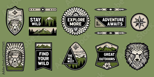 Collection of vintage style outdoor adventure badges and patches with nature and animal motifs