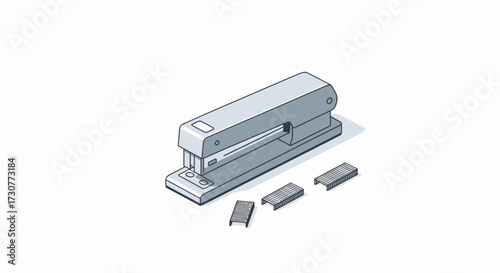 Illustration of a gray stapler with staples on a white background.
