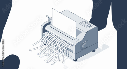 Isometric illustration of a paper shredder with shredded paper coming out.