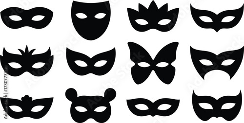 Collection of Black Masquerade Masks, Carnival Costume Accessory Vector Illustrations on Clear