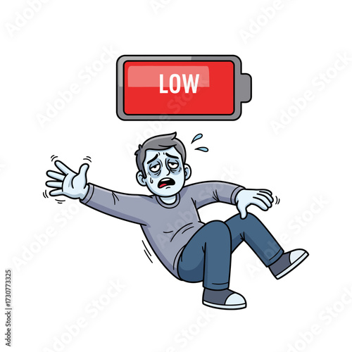 Low battery symbol and exhausted person collapsing from fatigue, symbolizing burnout and exhaustion