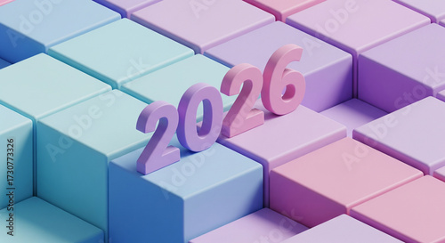 Modern 3D New Year 2026 Typography with Vibrant Pastel Gradient Cubes, Minimal Abstract Geometric Layout, Isometric Futuristic Style for Stock Image and Creative Digital Artwork Background