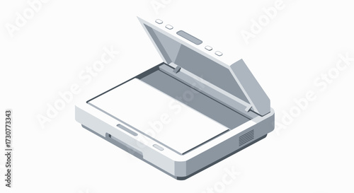 Isometric illustration of a white scanner with its lid open, revealing the scanning bed.