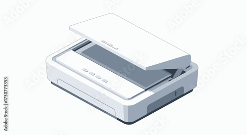 Isometric illustration of a white flatbed scanner with the lid partially open on a white background.