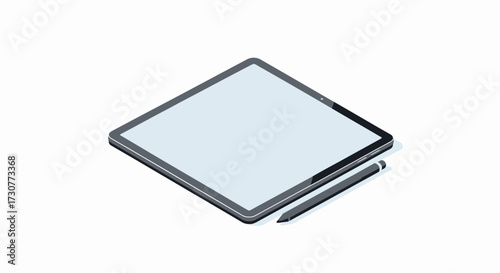 Isometric illustration of a tablet with a stylus on a white background.