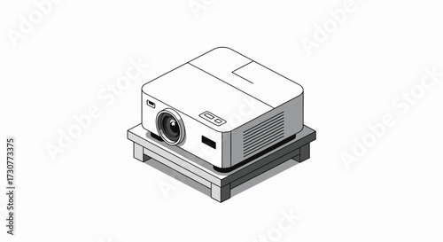 Isometric illustration of a white projector on a wooden stand, casting no light, on a white background.