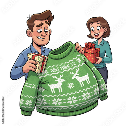Festive holiday sweater gift exchange with a slightly disappointed man receiving a bright green ugly Christmas jumper