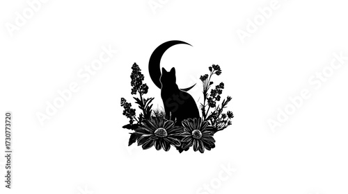 Elegant black cat silhouette sitting amidst wildflowers with crescent moon, mystical and magical illustration, nature-inspired vector art