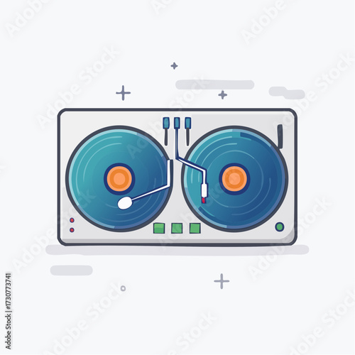 Illustration of a DJ setup with two turntables, a mixer, and a minimalist design.