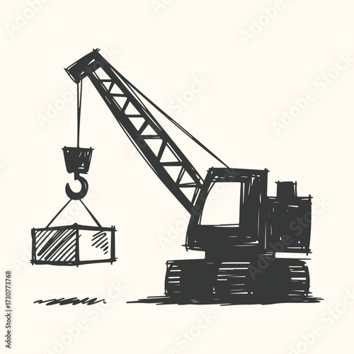 Vector art of a handdrawn sketch of a construction crane lifting a heavy load, showcasing industrial machinery and the process of heavy lifting in a simplified, artistic representation