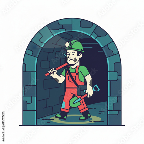 A miner with a helmet and tools is walking inside a dark tunnel, ready to work underground.