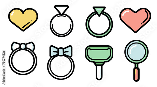 Vector line icons set: Romantic hearts, engagement rings, wedding bands, and jeweler tools for love, marriage, and jewelry concepts.