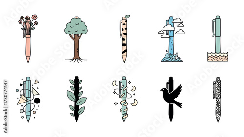 Pen and Nature: A minimalist collection of pens, each intricately adorned with nature-inspired motifs, showcasing a harmonious blend of writing implements and the natural world.