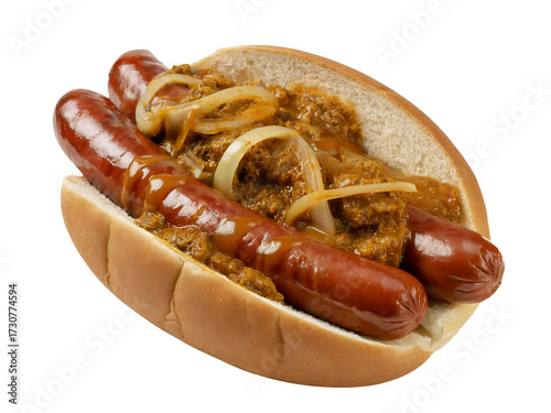 Bosna is a dish of German sausages, onions, and curry sauce served in a bun. White background