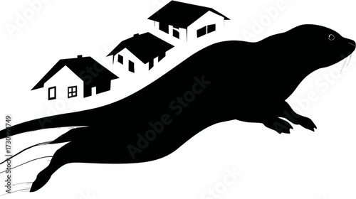 Graphic silhouette of an agile otter leaping, with a minimalistic row of small houses in the background, isolated on white.