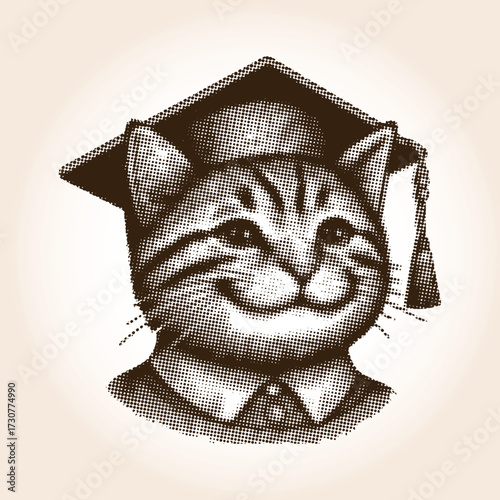 Halftone dot screen illustration of a smiling cat wearing a graduation cap. Retro comic style artwork of a smart, educated tabby for academic or celebratory projects.