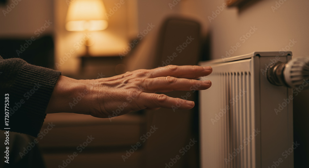 Obraz premium Elderly person's hand reaching for radiator in cozy winter living room