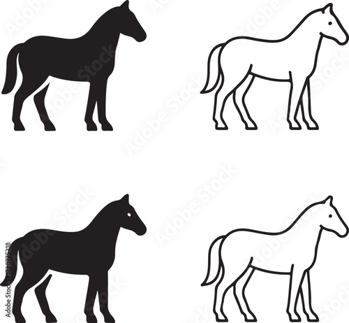 Horse icon set, farm animal icons, mammal equestrian icons, black silhouette line outline filled minimal thin stroke, modern vector icon pack for farming and wildlife