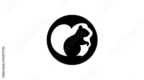 Cute squirrel silhouette with a heart shape, minimalist graphic icon, black and white vector design for nature and animal concepts