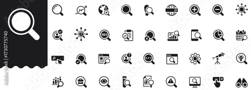 Search & analysis solid icon set features magnifying glass, SEO, discovery, explore, lookup, investigate, inspect, zoom, review, audit research symbols. Professional, minimal vector collection.