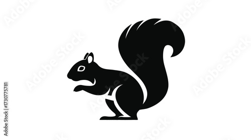 Detailed black squirrel silhouette vector illustration, wild forest rodent mammal graphic, side view, clean and modern animal design element on white background